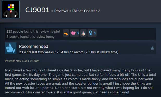 Screenshot showing Steam user reviews of Planet Coaster 2.